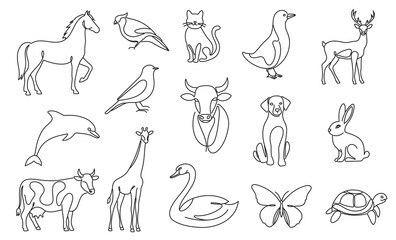Set of animals drawn in one line style. Horse, bird, cat, swan, giraffe, cow, dolphin, butterfly, hare, deer, dog, turtle on white background