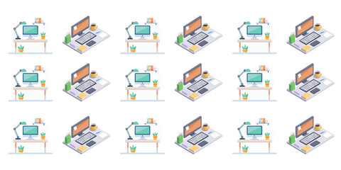 Modern Office Desk Flat Icon – Monitor, Desk Lamp & Plant | Clean Vector Design
