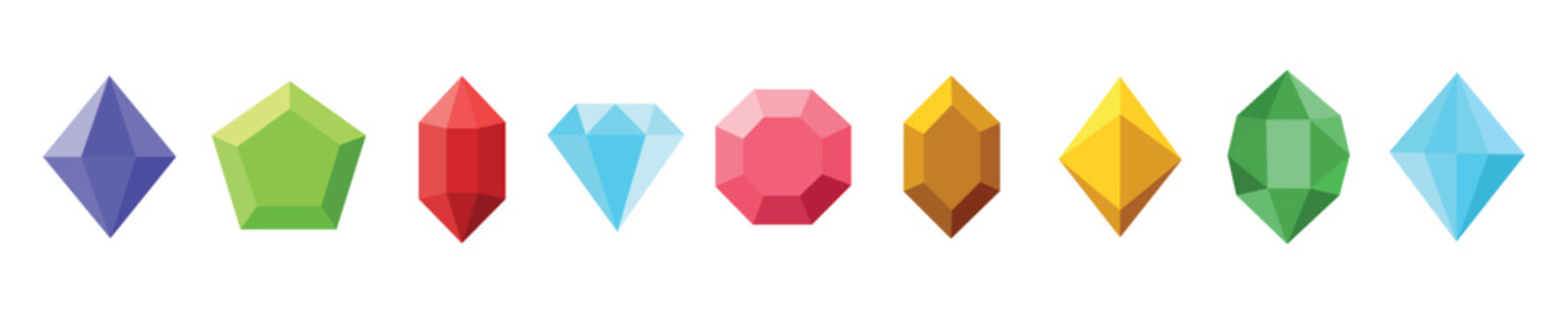 Set of colorful vector crystals and gemstones in flat geometric style. Various shapes and vibrant colors. Ideal for game design, fantasy, or treasure themes.