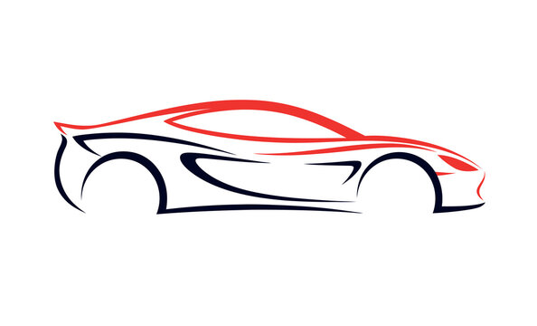 Fototapeta Minimalist vector illustration of a sports car silhouette in red and black lines. Elegant dynamic shape, automotive design concept on white background