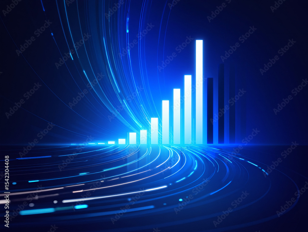 Poster blue abstract background with rising bar graph and light streaks in a futuristic design style