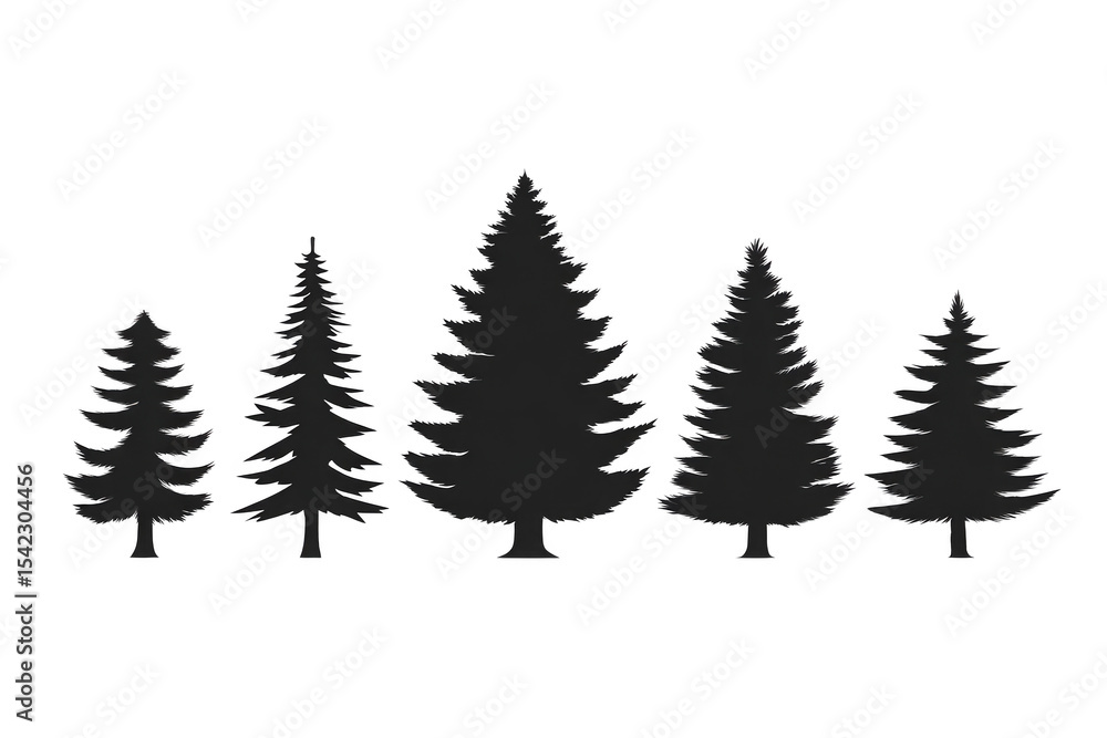 Poster silhouette of five pine trees in varying sizes, creating simple and natural design. black outlines a