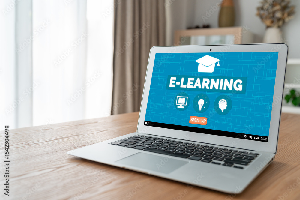 Poster e-learning website with modish sofware for student to study online on the internet network