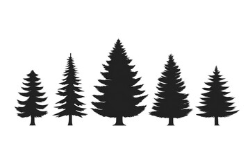 Obraz premium Silhouette of five pine trees in varying sizes, creating simple and natural design. black outlines against transparent background evoke sense of calm and nature
