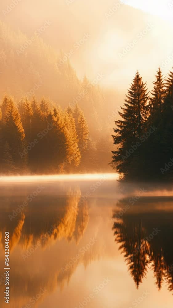 Poster a serene foggy lake scene with trees in the background, ideal for calm atmosphere images