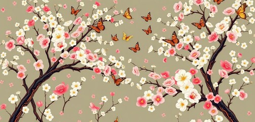 Elegant seamless pattern of blossoming trees, delicate flowers, and fluttering butterflies in a serene Japandi Chinoiserie style,  illustration,  illustration