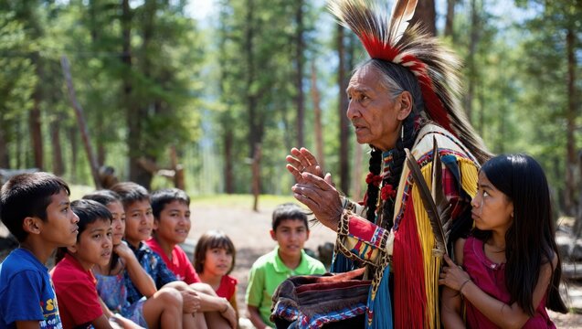 Elder indigenous man teaching children outdoors with traditional attire and feathers. Ancestral wisdom, oral tradition, generation connection.