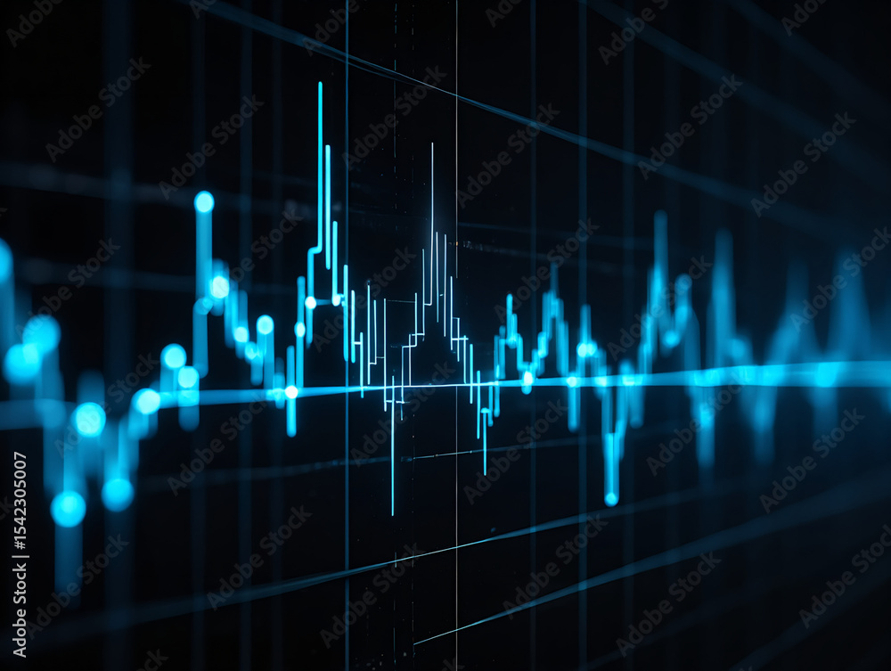 Poster a glowing blue line graph with grid lines on a dark background showing financial data and market tre