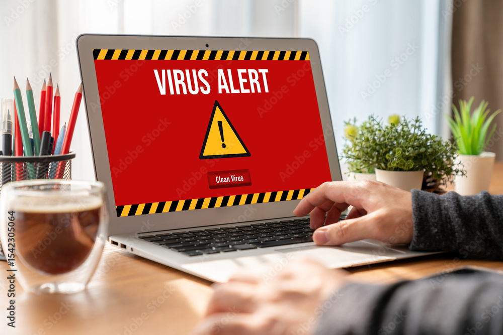 Poster virus warning alert on computer screen detected modish cyber threat , hacker, computer virus and mal