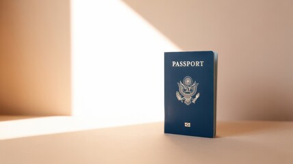 Blue passport standing upright in minimal soft light with clean neutral background.