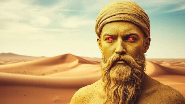 Mystical desert wanderer: golden figure gazes over vast dunes at dusk