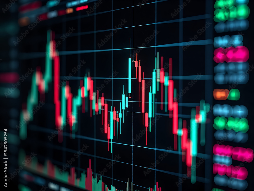 Poster display of stock market data with red and green candlesticks and grid lines on a dark background