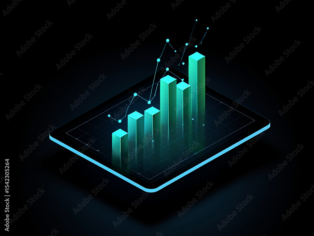 Poster isometric illustration of a graph on a tablet with a dark background showing upward trending data