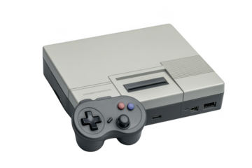 Retro gaming console with controller isolated on transparent background