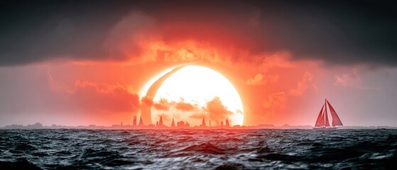Dramatic sunset over turbulent ocean with sailboat