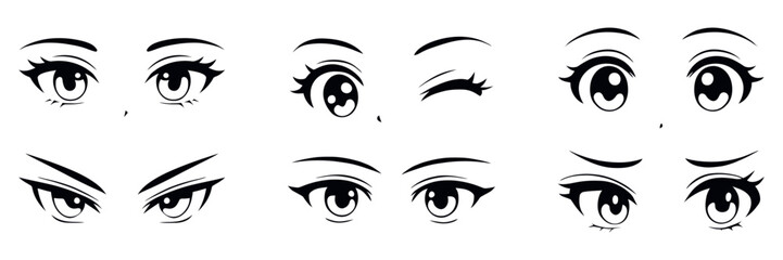 Japanese anime eyes set on isolated background. Black and white manga character, animation art style set