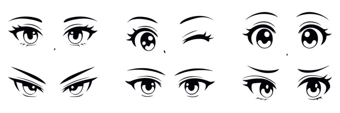 Japanese anime eyes set on isolated background. Black and white manga character, animation art style set