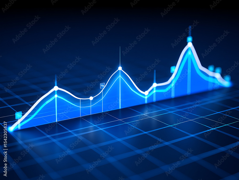 Poster a blue financial graph with a white outline showing an upward trend on a grid background design elem