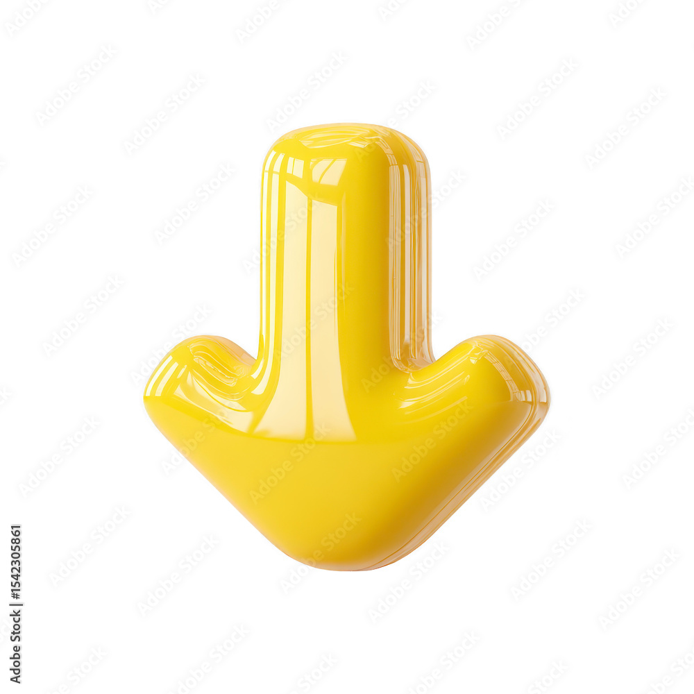 Aufkleber shiny yellow 3d arrow pointing downward, with glossy finish and smooth surface, isolated on transpar