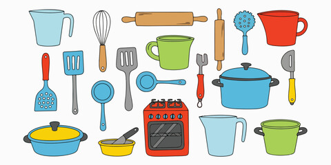 Colorful kitchen utensils vector illustration featuring cooking pots oven and baking supplies for culinary designs