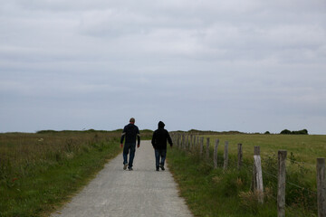 Dirt road next to wheat fields separated by a barbed wire fence on the Atlantic coast of France