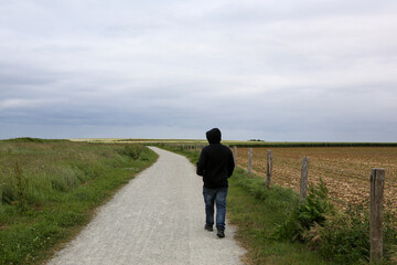 Dirt road next to wheat fields separated by a barbed wire fence on the Atlantic coast of France