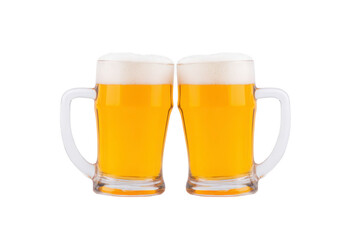 Two frothy beer mugs filled with golden beer are placed side by side, creating cheerful and inviting atmosphere. clear glass showcases vibrant color and foam