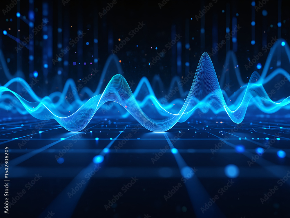 Poster abstract blue waves over a grid with particles and light effects on a dark background design element