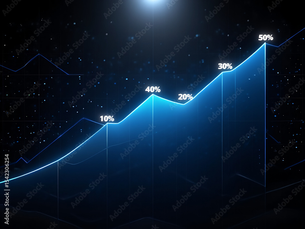 Poster illuminated blue line graph showing percentage increase on a dark starry background with light flare