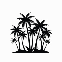 Detailed Black Silhouette of a Tropical Palm Tree Grove or Small Island Cluster on White Background