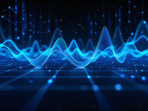 Abstract blue waves over a grid with particles and light effects on a dark background design element