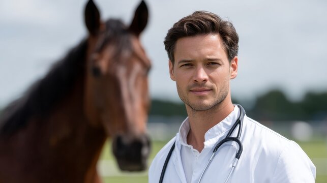 A professional veterinarian stands confidently beside a beautiful horse. The outdoors provide a serene backdrop. This image captures the bond between humans and animals. AI - Powered by Adobe