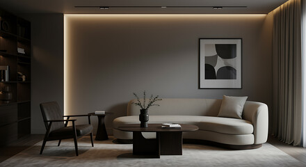 Modern living room interior design featuring elegant furniture and neutral color palette