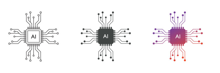 Artificial intelligence processor chip icon. Vector set of artificial intelligence processor circuit diagram isolated on white background. Vector illustration