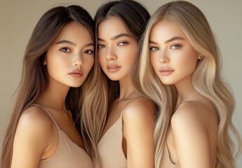 Three women with different hair colors showcasing natural beauty in a soft-lit studio environment