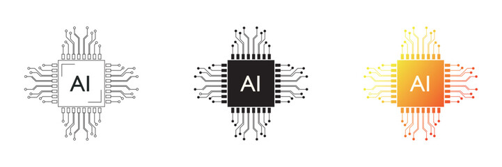 Artificial intelligence processor chip icon. Vector set of artificial intelligence processor circuit diagram isolated on white background. Vector illustration