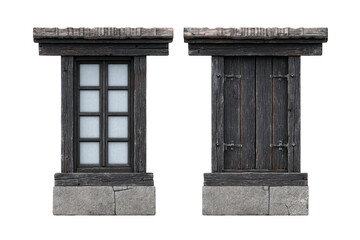 Fototapeta premium Rustic wooden window with closed shutter and glass pane, set in stone frame, evokes vintage charm. weathered wood and stone texture add to its historical appeal
