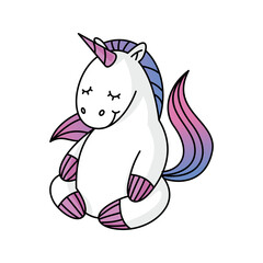 A charming unicorn character is sitting down with closed eyes, featuring a white body, rainbow mane, and joyful expression, evoking a serene atmosphere in a playful design