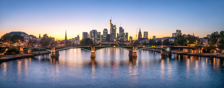 Frankfurt am Main skyline panorama at sunset, Hesse, Germany