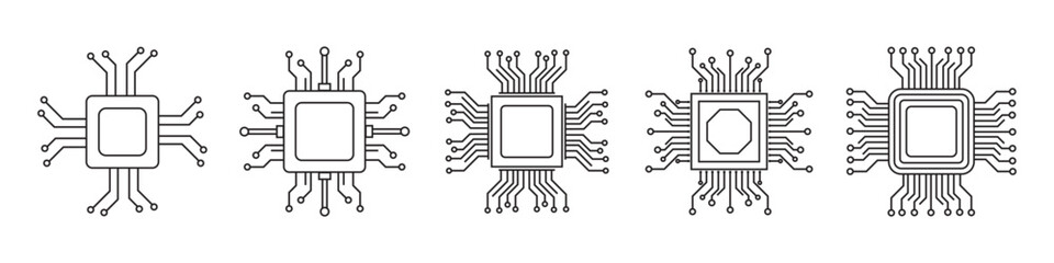 Artificial intelligence processor chip icon. Vector set of AI processor circuits with thin line isolated on white background. Vector illustration.