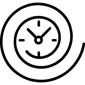 Black and white outline icon of a time spiral with clock elements vect