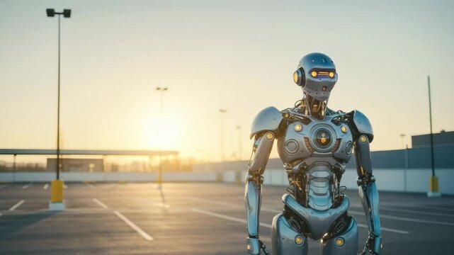 Futuristic robot exploring urban rooftop during sunset