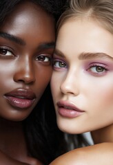 Diverse beauty showcasing two women with striking features and vibrant makeup styles in a close portrait setting