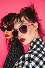 Fashion models showcase stylish sunglasses against a vibrant pink background in a creative studio setting