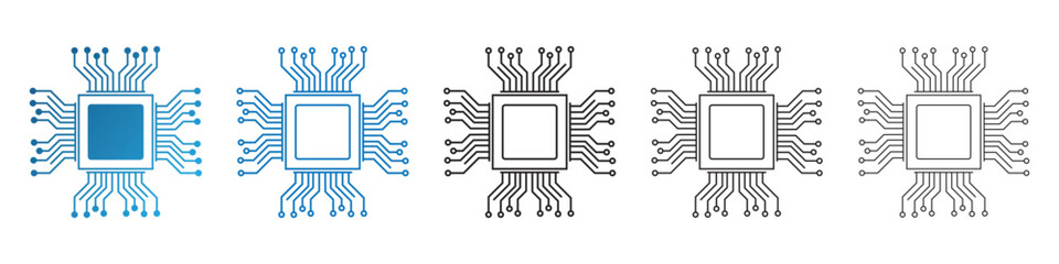 Artificial intelligence processor chip icon. Vector set of AI processor circuits with thin line isolated on white background. Vector illustration.