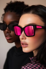 Stylish individuals wearing fashionable sunglasses pose for a close-up photo in a modern, brightly lit setting