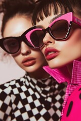 Fashion models showcase trendy sunglasses in a stylish photoshoot with vibrant colors and bold patterns
