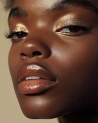 Close-up of a model showcasing glamorous makeup with radiant skin and golden accents in soft lighting