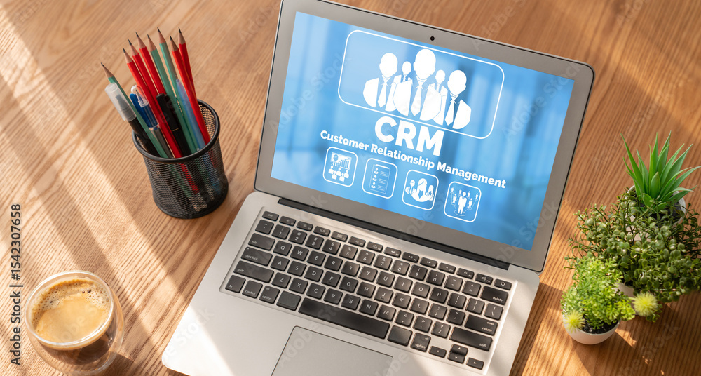 Poster customer relationship management system on modish computer for crm business and enterprise