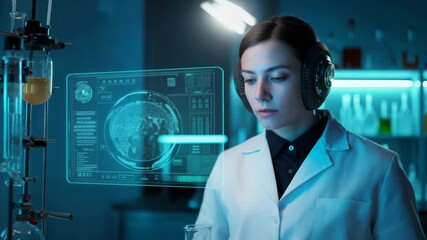 Scientist analyzing futuristic holographic data in advanced laboratory setting - Powered by Adobe